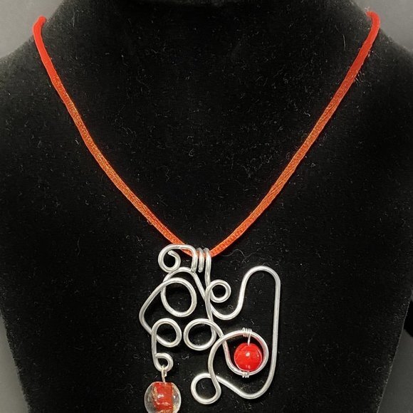 Unique Stainless Steel Twisted Necklace on Satin Cord with Red Glass Beads - Picture 3 of 3